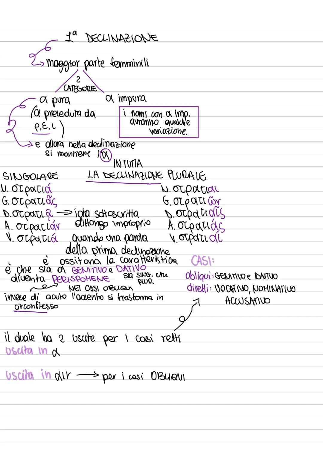 # 1ª DECLINAZIONE
maggior parte femminili
2
CATEGORIE
a pura
(a preceduta da
ρ, ε, ι
a impura
i nomi con α imp.
avranno qualche
variazione.
