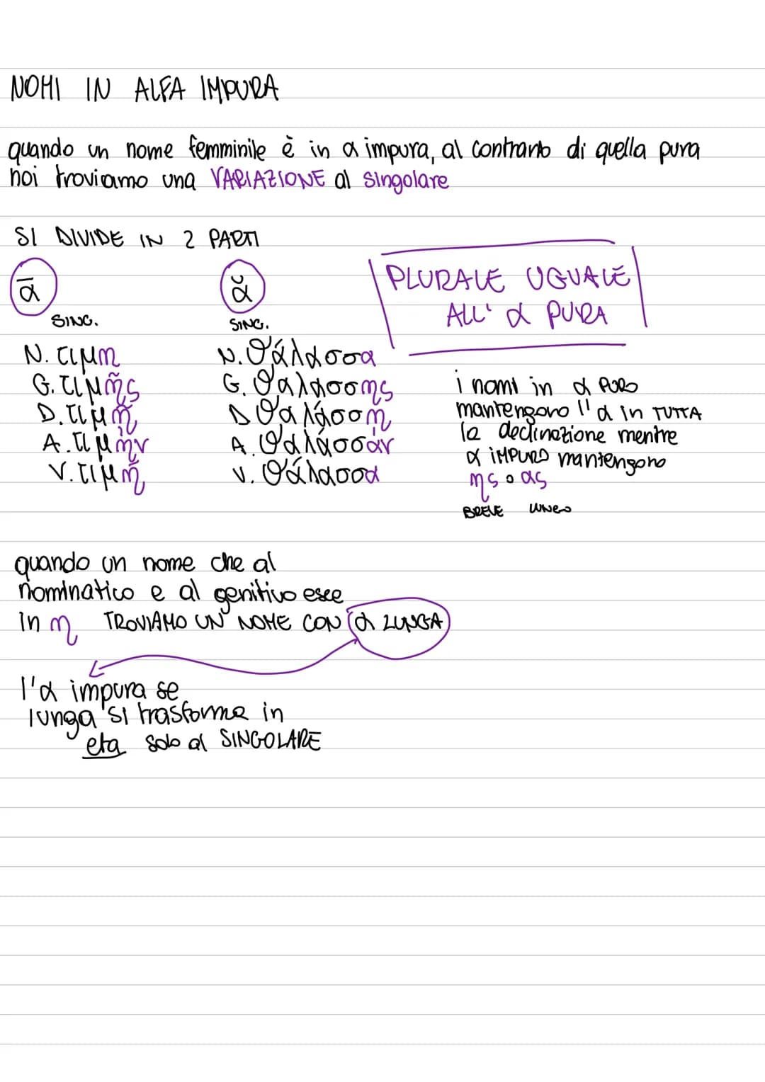 # 1ª DECLINAZIONE
maggior parte femminili
2
CATEGORIE
a pura
(a preceduta da
ρ, ε, ι
a impura
i nomi con α imp.
avranno qualche
variazione.