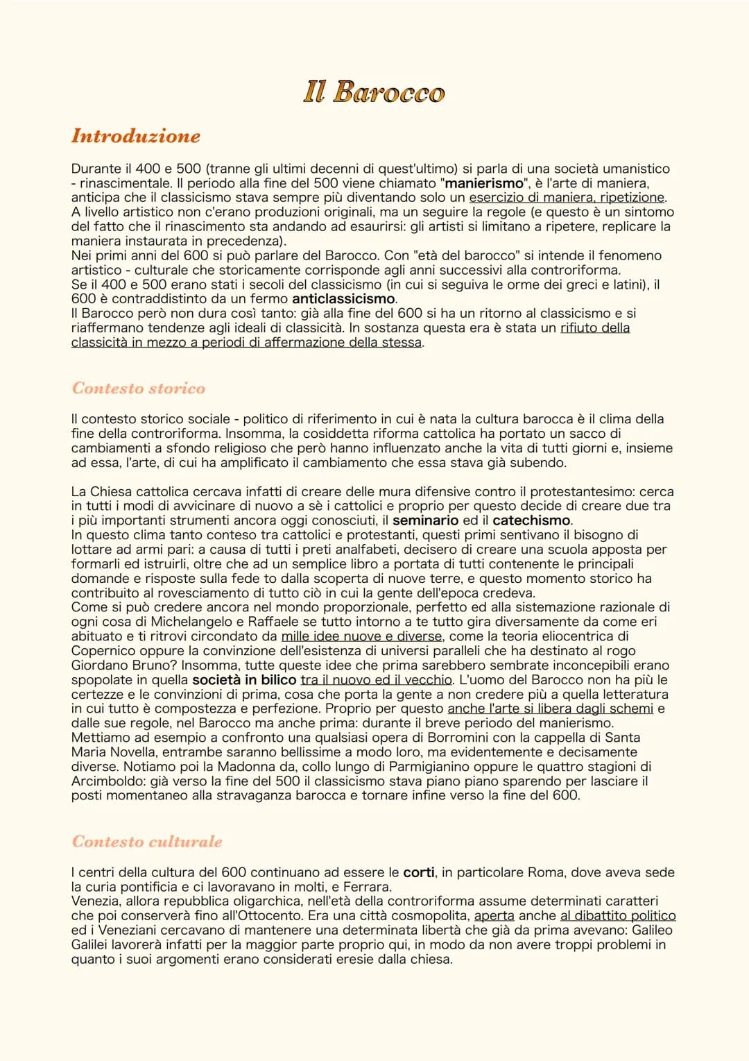 # Il Barocco
## Introduzione
Durante il 400 e 500 (tranne gli ultimi decenni di quest'ultimo) si parla di una società umanistico
- rinascim