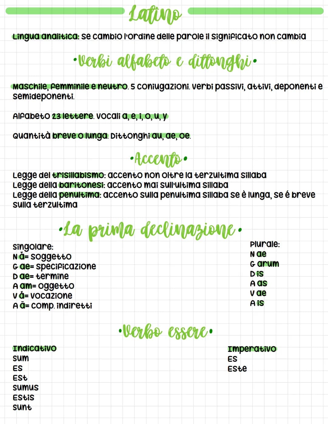# Latino
Lingua analitica: se cambio l'ordine delle parole il significato non cambia
## Verbi alfabeto e dittonghi
Maschile, femminile e ne