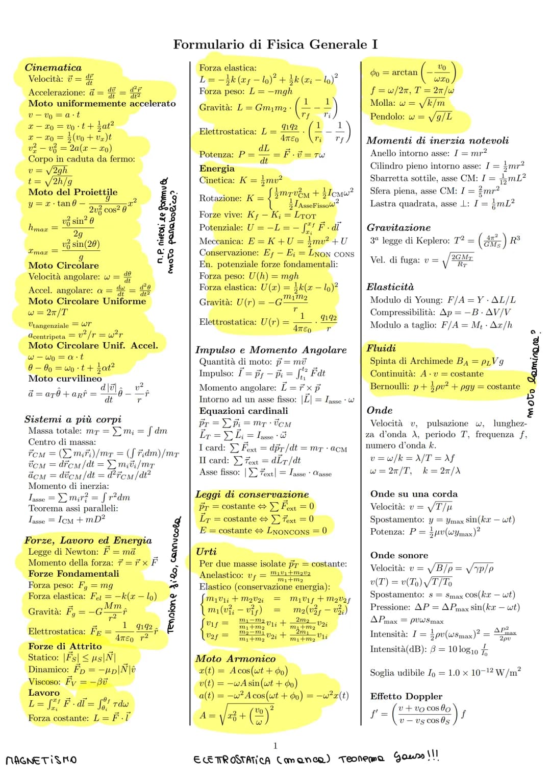 # Formulario di Fisica Generale I
## Cinematica
Velocità: $\vec{v} = \frac{d\vec{r}}{dt}$
Accelerazione: $\vec{a} = \frac{d\vec{v}}{dt} = \