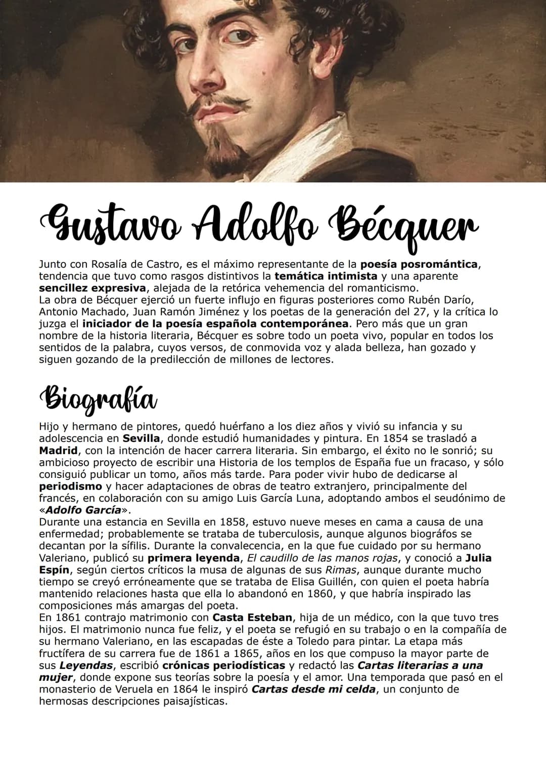 # Gustavo Adolfo Bécquer
Junto con Rosalía de Castro, es el máximo representante de la **poesía posromántica**,
tendencia que tuvo como ras