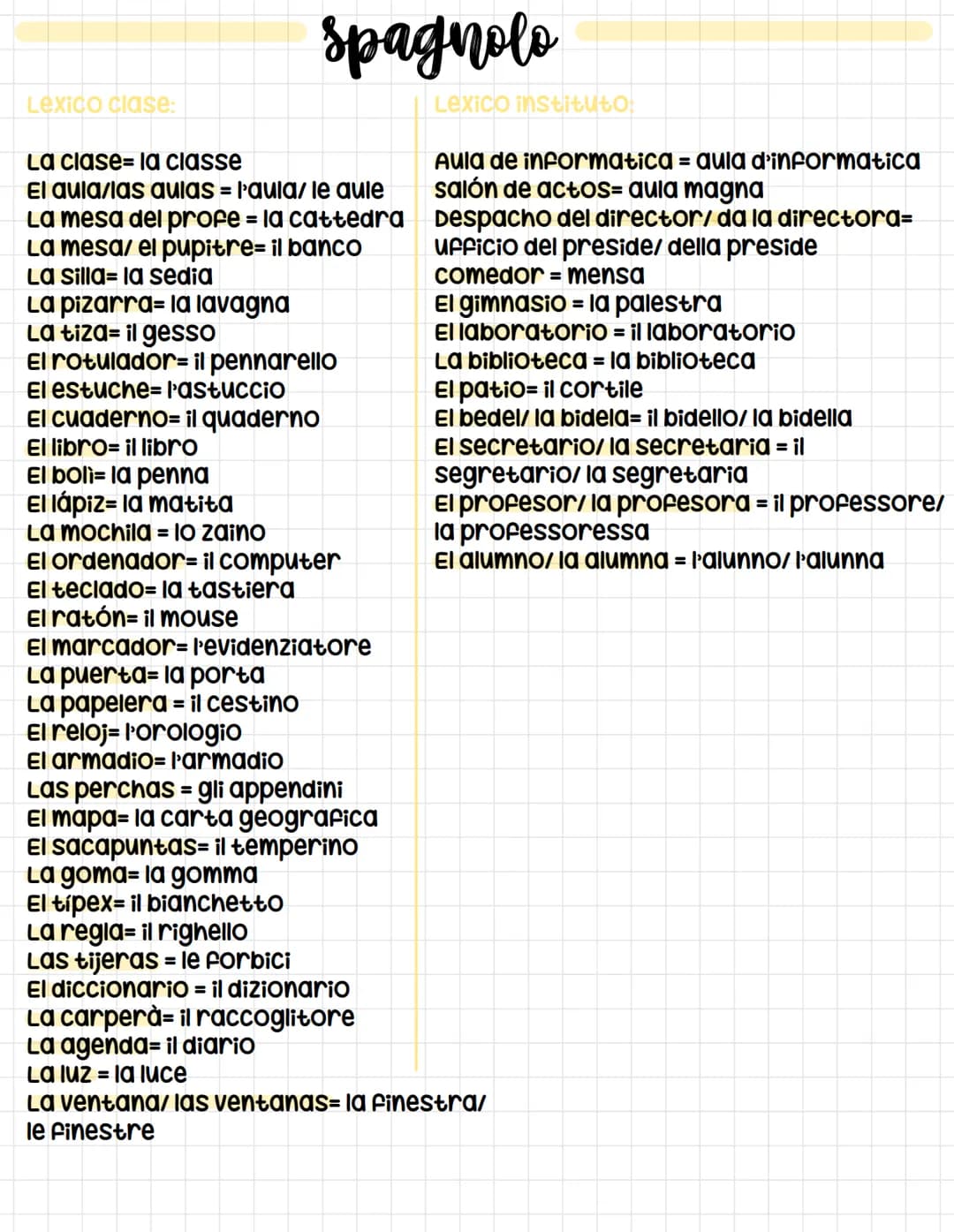 <h2>Vocabulario de la clase en español</h2>
<h3>Muebles y objetos de la clase en español</h3>
<ul>
<li>La clase - la classe</li>
<li>El aula