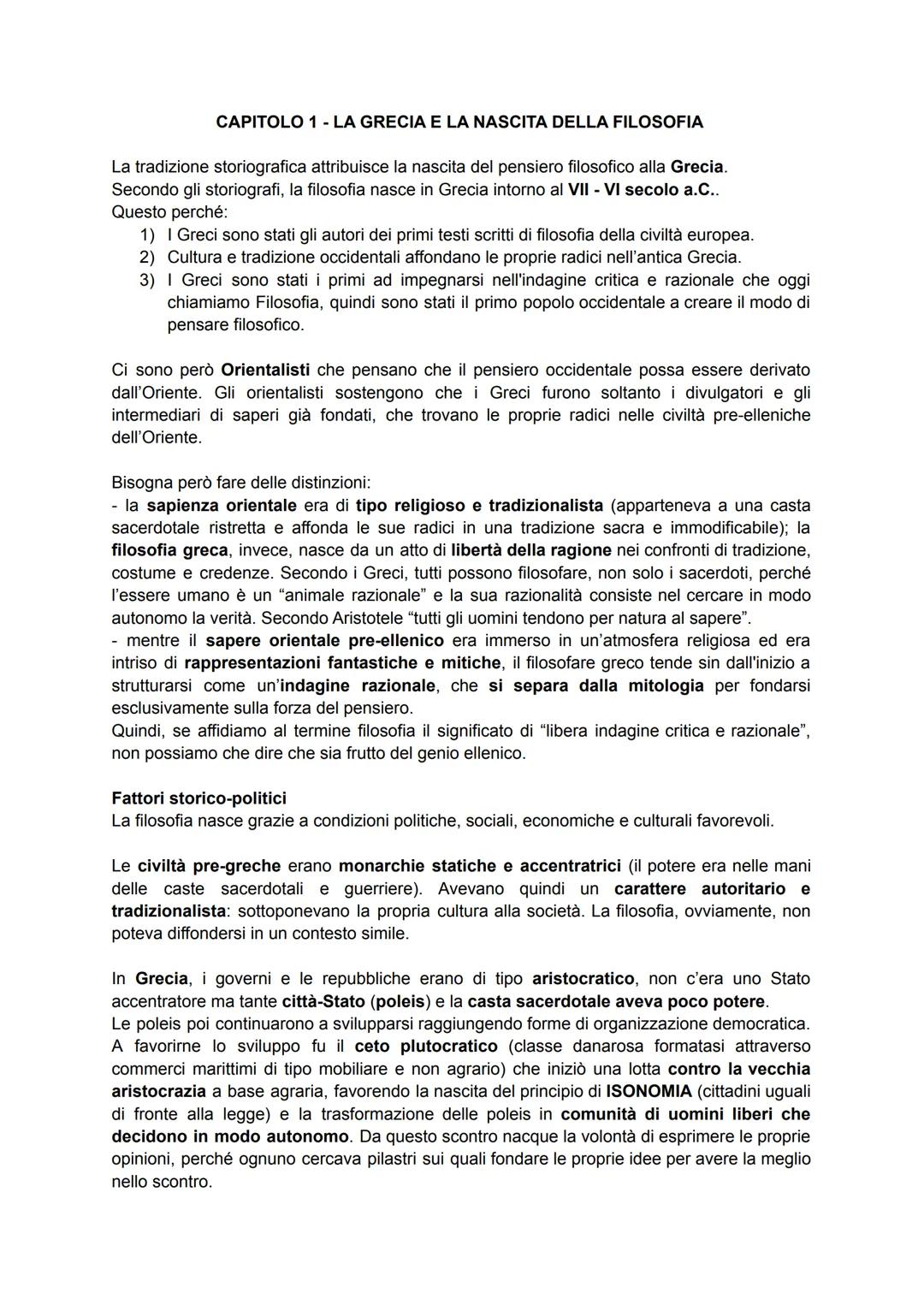 CAPITOLO 1 - LA GRECIA E LA NASCITA DELLA FILOSOFIA
La tradizione storiografica attribuisce la nascita del pensiero filosofico alla Grecia.