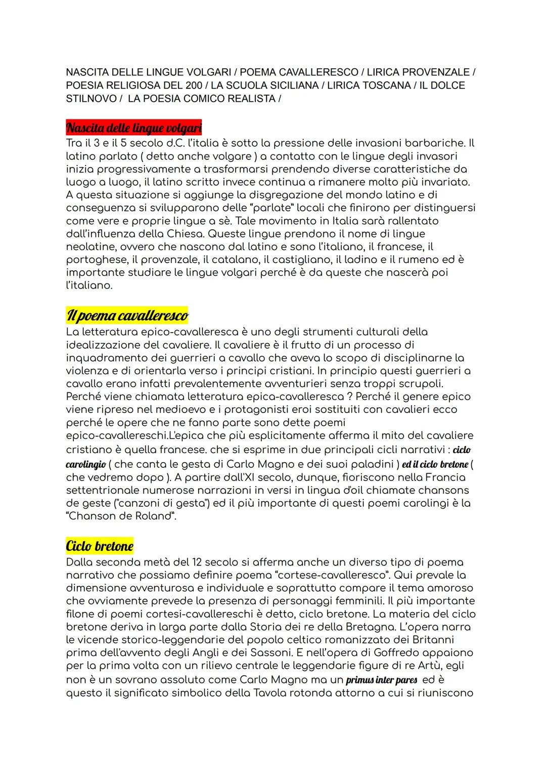 Nascita delle lingue volgari- poema cavalleresco-lirica provenzale-poesia religiosa del 200