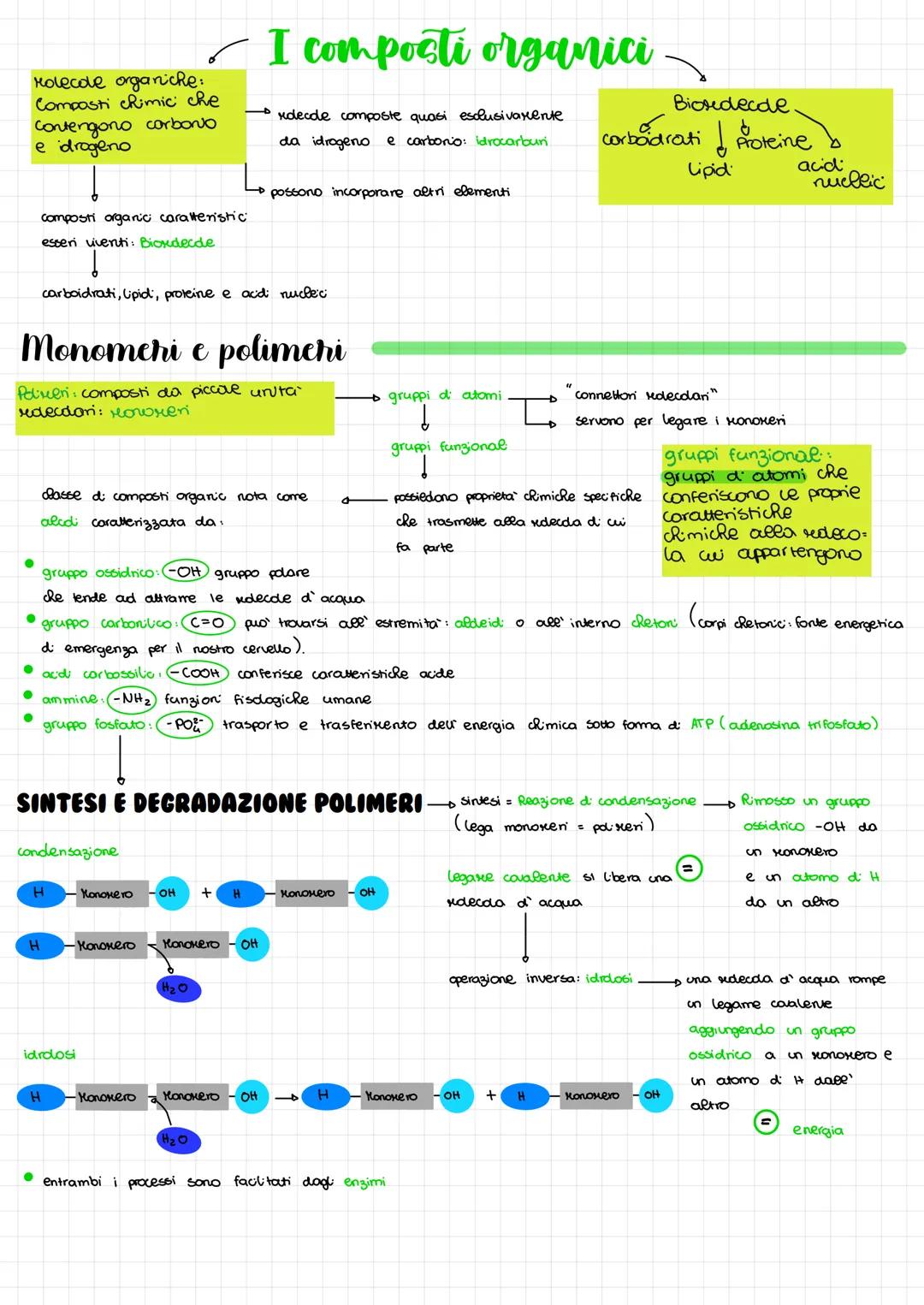 Molecole organiche:
Composti chimici che
Contengono carbono
e drogeno
●
composti organic caratteristic
esseri viventi: Biondecde
●
Monomehi