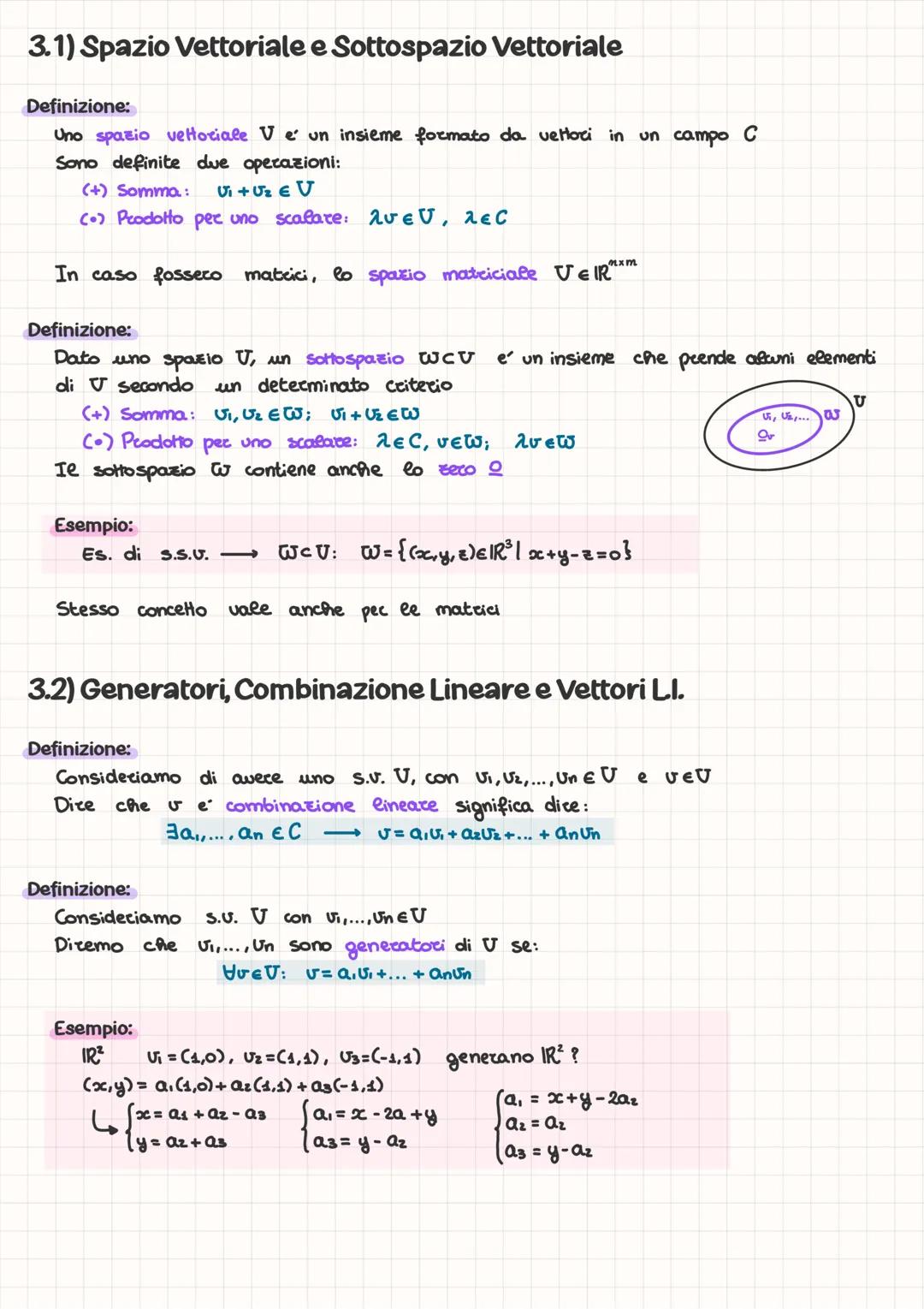 3.1) Spazio Vettoriale e Sottospazio Vettoriale
Definizione:
Uno spazio vettoriale V e un insieme formato da vettori in un campo C
Sono defi