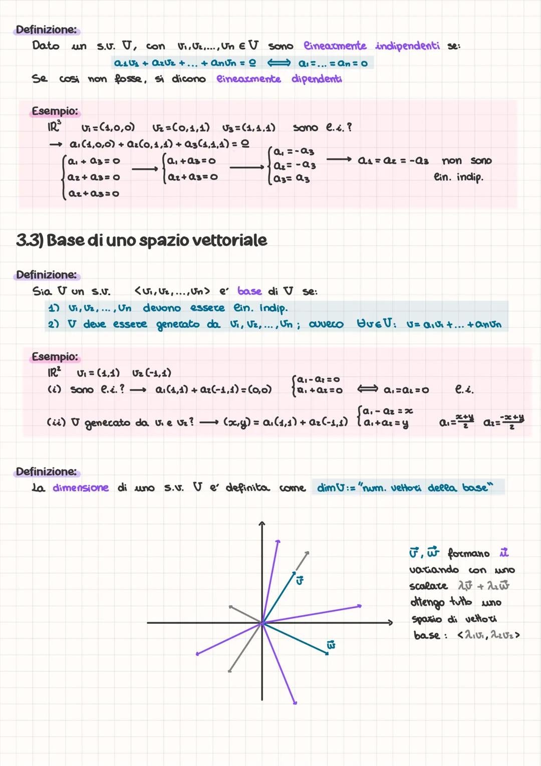3.1) Spazio Vettoriale e Sottospazio Vettoriale
Definizione:
Uno spazio vettoriale V e un insieme formato da vettori in un campo C
Sono defi