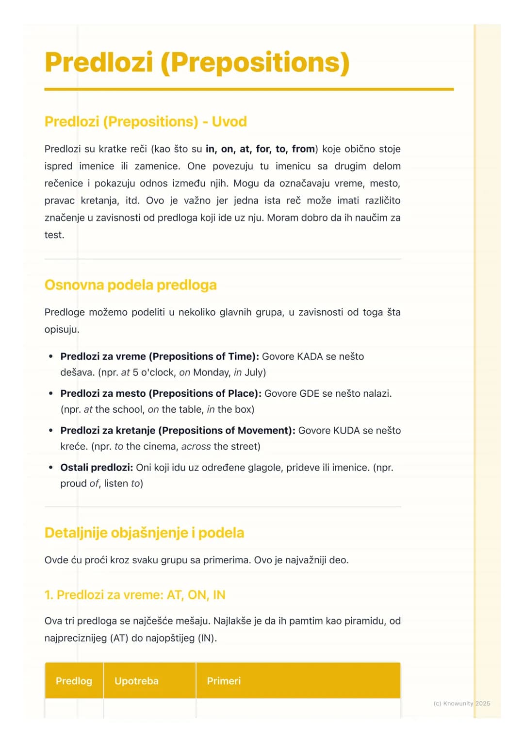 # Predlozi (Prepositions)
Predlozi (Prepositions) - Uvod
Predlozi su kratke reči (kao što su in, on, at, for, to, from) koje obično stoje