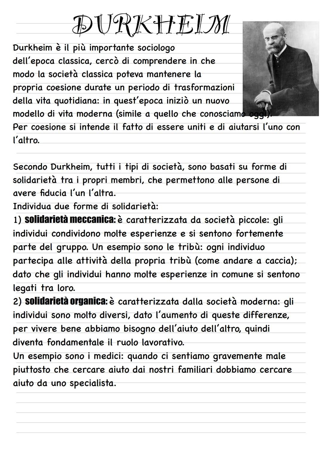 DURKHEIM
Durkheim è il più importante sociologo
dell'epoca classica, cercò di comprendere in che
modo la società classica poteva mantenere l