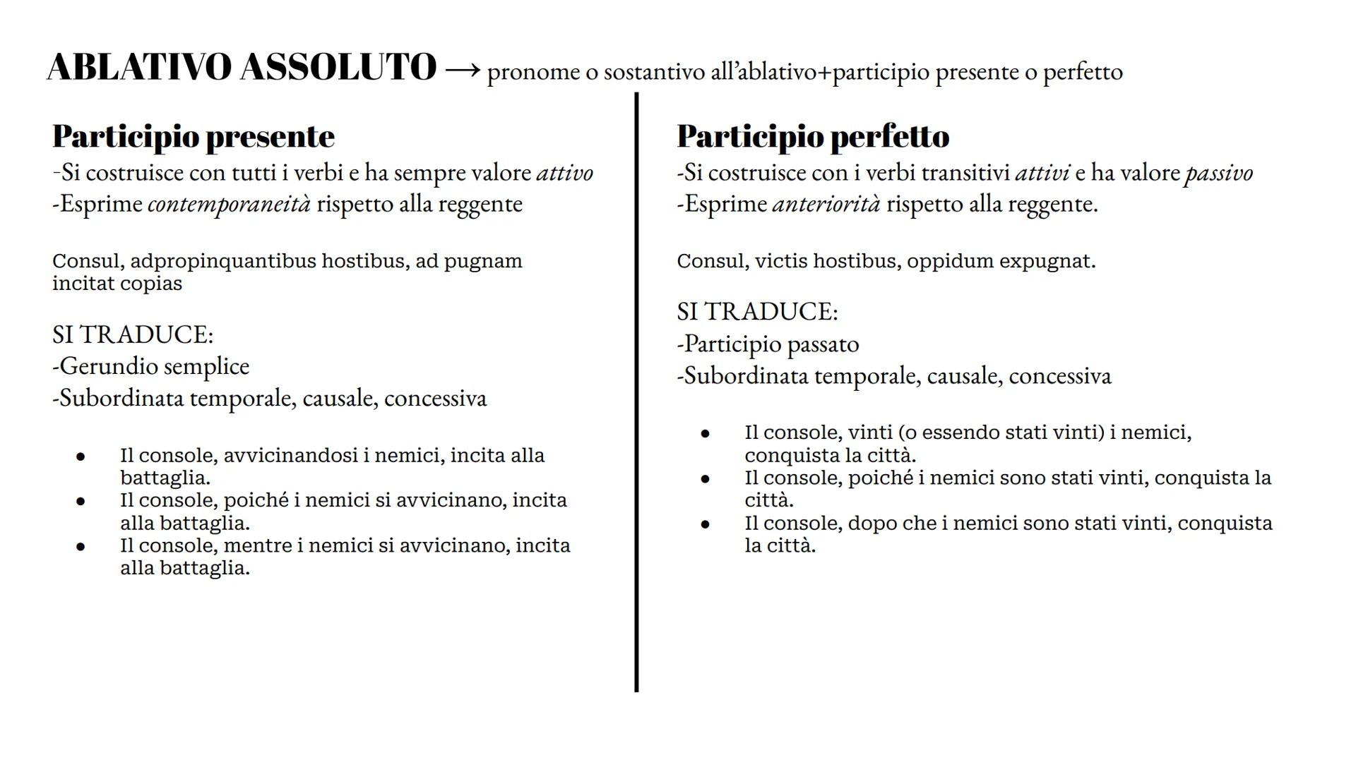 # ABLATIVO ASSOLUTO
Participio presente
→ pronome o sostantivo all'ablativo+participio presente o perfetto
-Si costruisce con tutti i ver