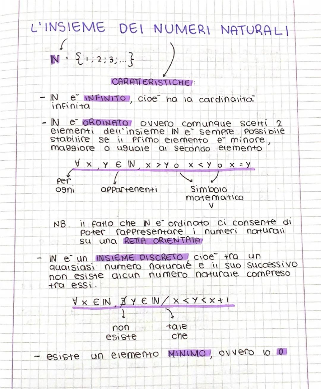 L'INSIEME DEI NUMERI NATURALI
N2; 3;.
}
-
CARATTERISTICHE:
- IN e INFINITO, cioè ha la cardinalita
infinita
- N e ORDINATO ovvero comunque s