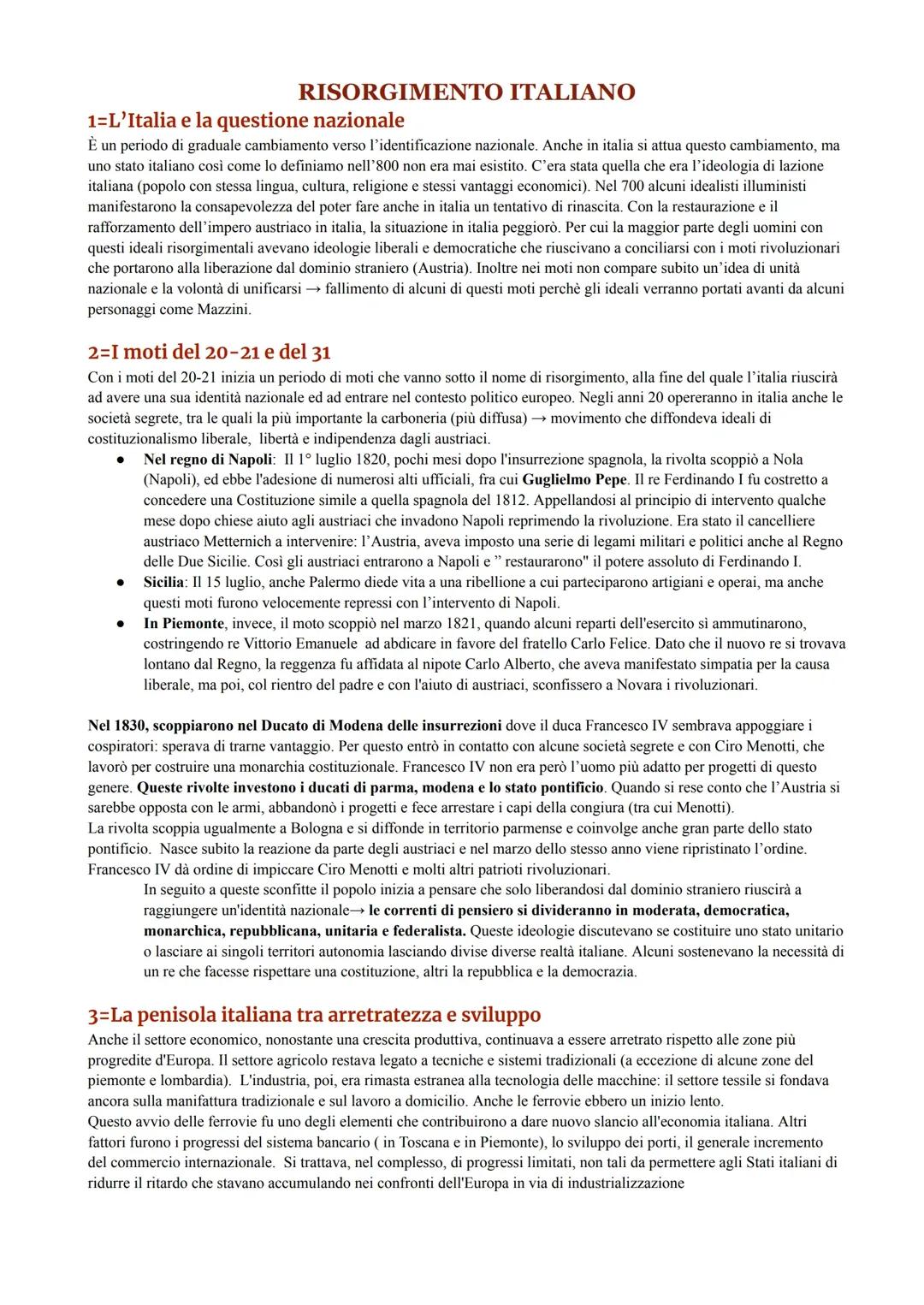 Risorgimento italiano e unità d'italia