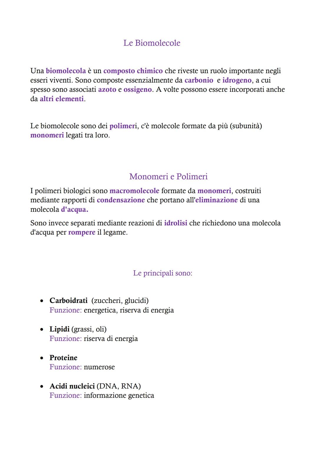 # Le Biomolecole
Una biomolecola è un composto chimico che riveste un ruolo importante negli
esseri viventi. Sono composte essenzialmente d