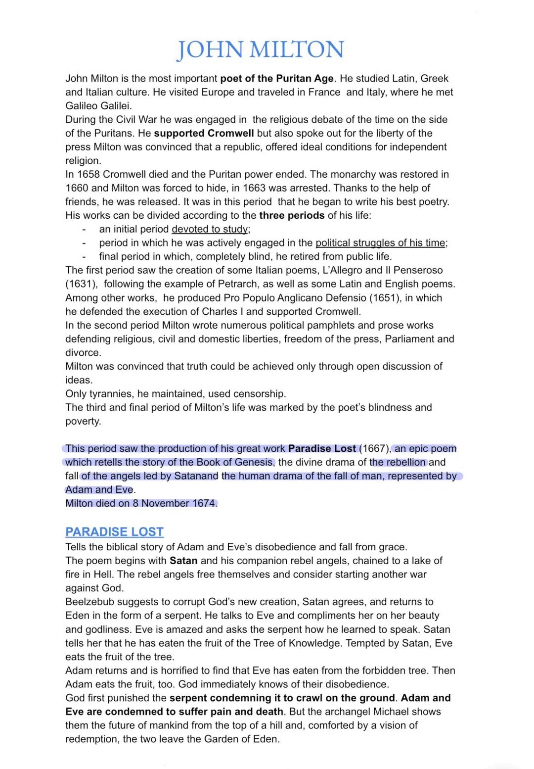 # JOHN MILTON
John Milton is the most important poet of the Puritan Age. He studied Latin, Greek
and Italian culture. He visited Europe and