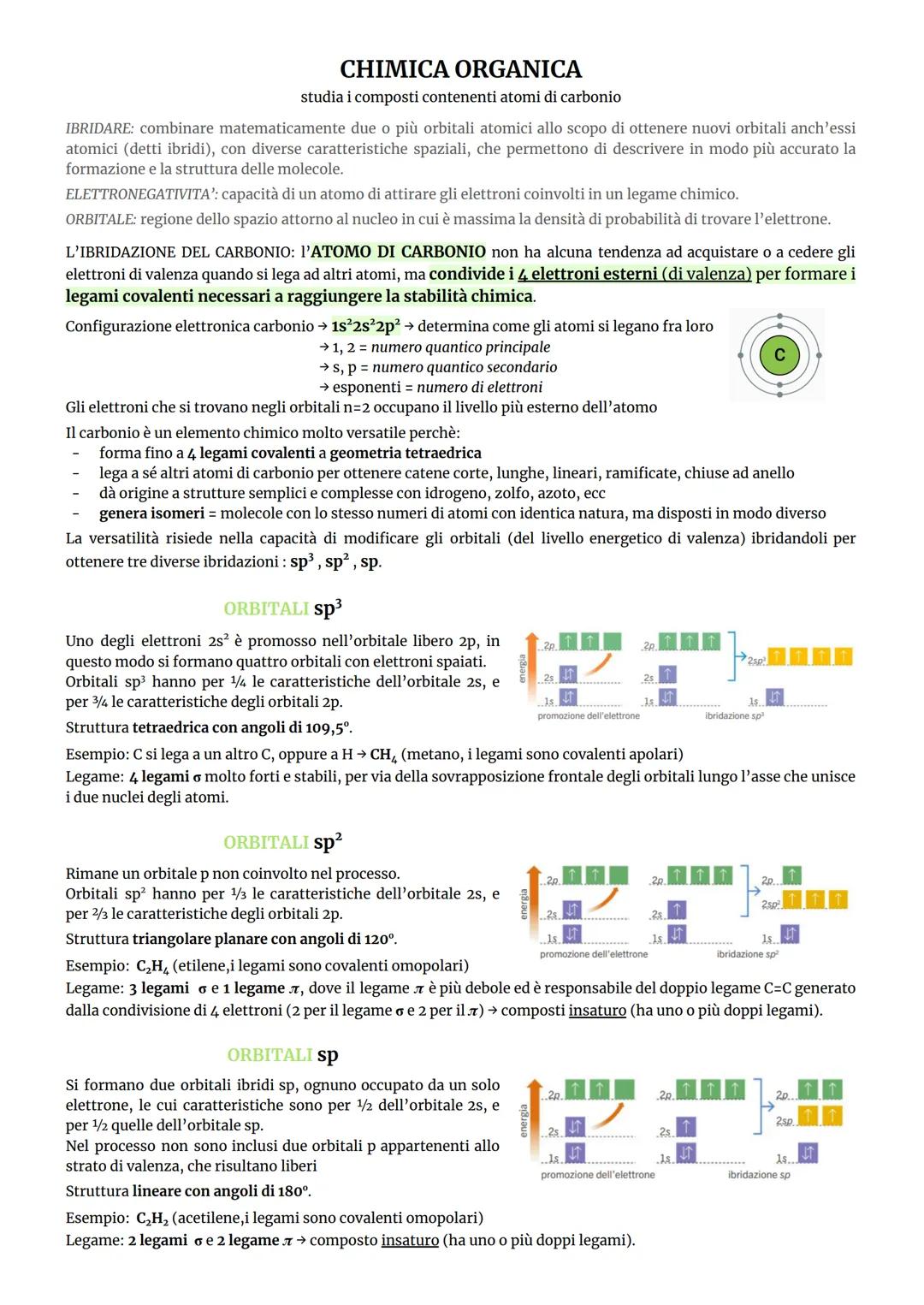 # CHIMICA ORGANICA
studia i composti contenenti atomi di carbonio
IBRIDARE: combinare matematicamente due o più orbitali atomici allo scop