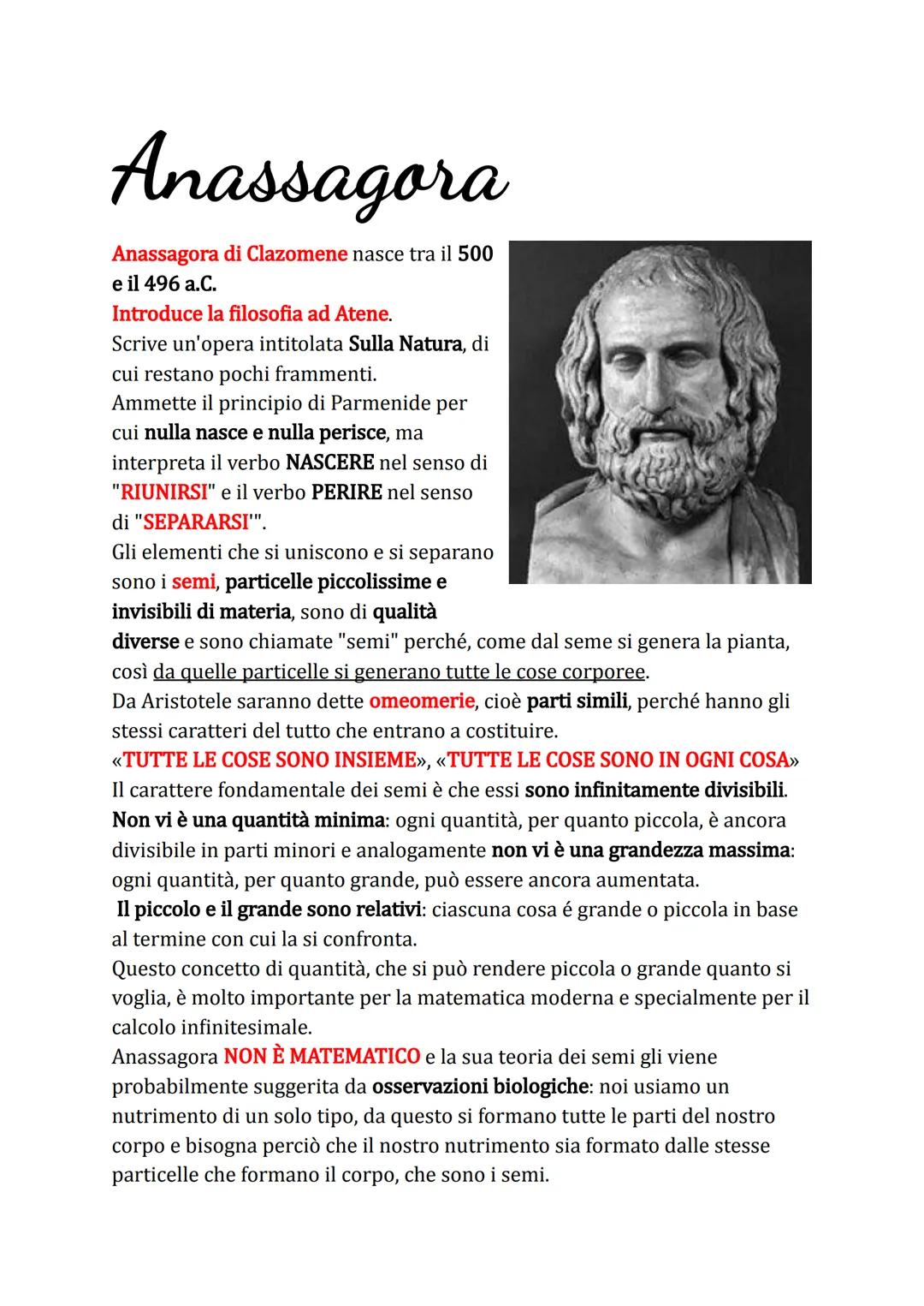 # Anassagora
Anassagora di Clazomene nasce tra il 500
e il 496 a.C.
Introduce la filosofia ad Atene.
Scrive un'opera intitolata Sulla Nat