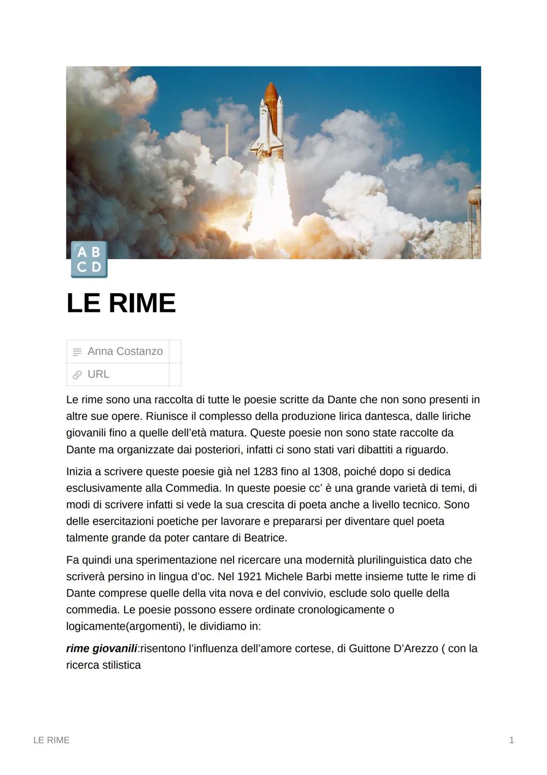 AB
CD
LE RIME
Anna Costanzo
URL
Le rime sono una raccolta di tutte le poesie scritte da Dante che non sono presenti in
altre sue opere. Riun
