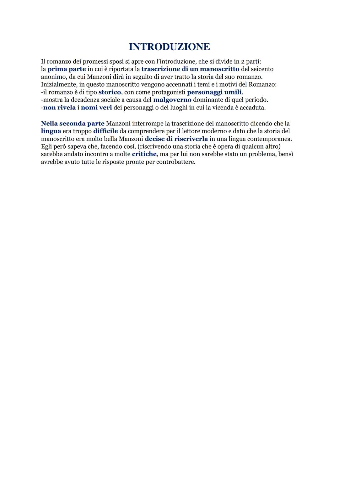 INTRODUZIONE
Il romanzo dei promessi sposi si apre con l'introduzione, che si divide in 2 parti:
la prima parte in cui è riportata la trascr