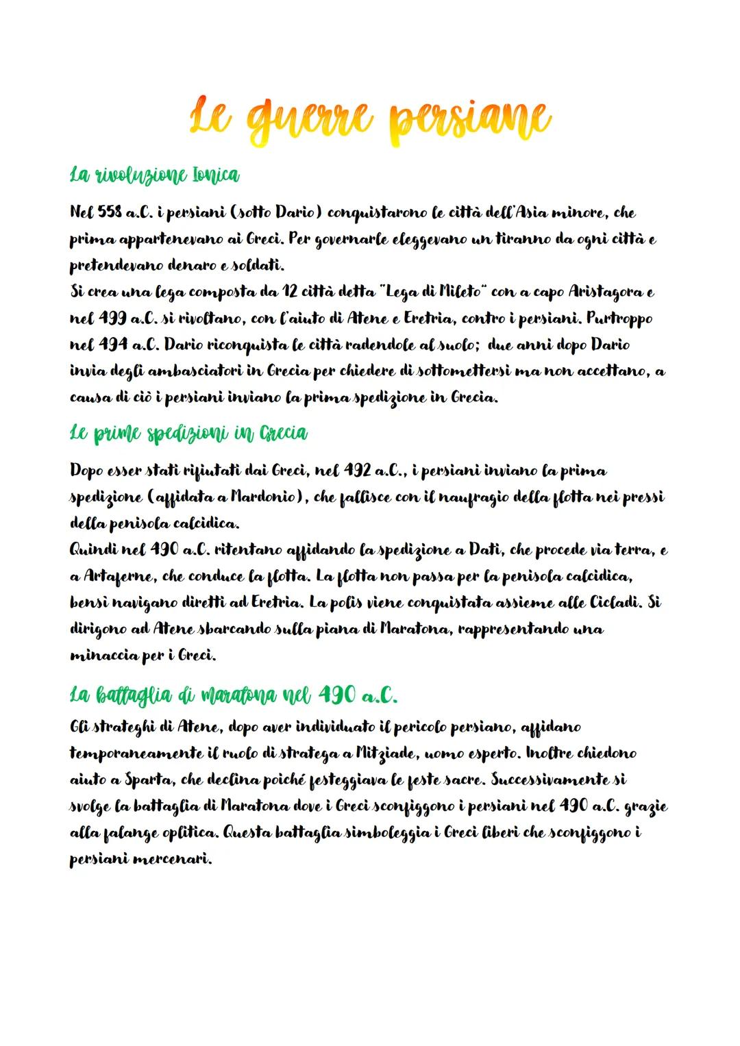 # Le guerre persiane
## La rivoluzione Ionica
Nel 558 a.C. i persiani (sotto Dario) conquistarono le città dell' Asia minore, che
prima ap