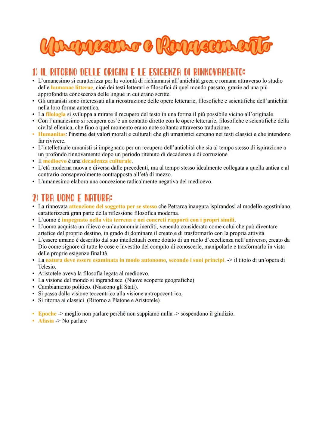 Umanesimo e Rinascimento
1) IL RITORNO DELLE ORIGINI E LE ESIGENZA DI RINNOVAMENTO:
• L'umanesimo si caratterizza per la volontà di richiama