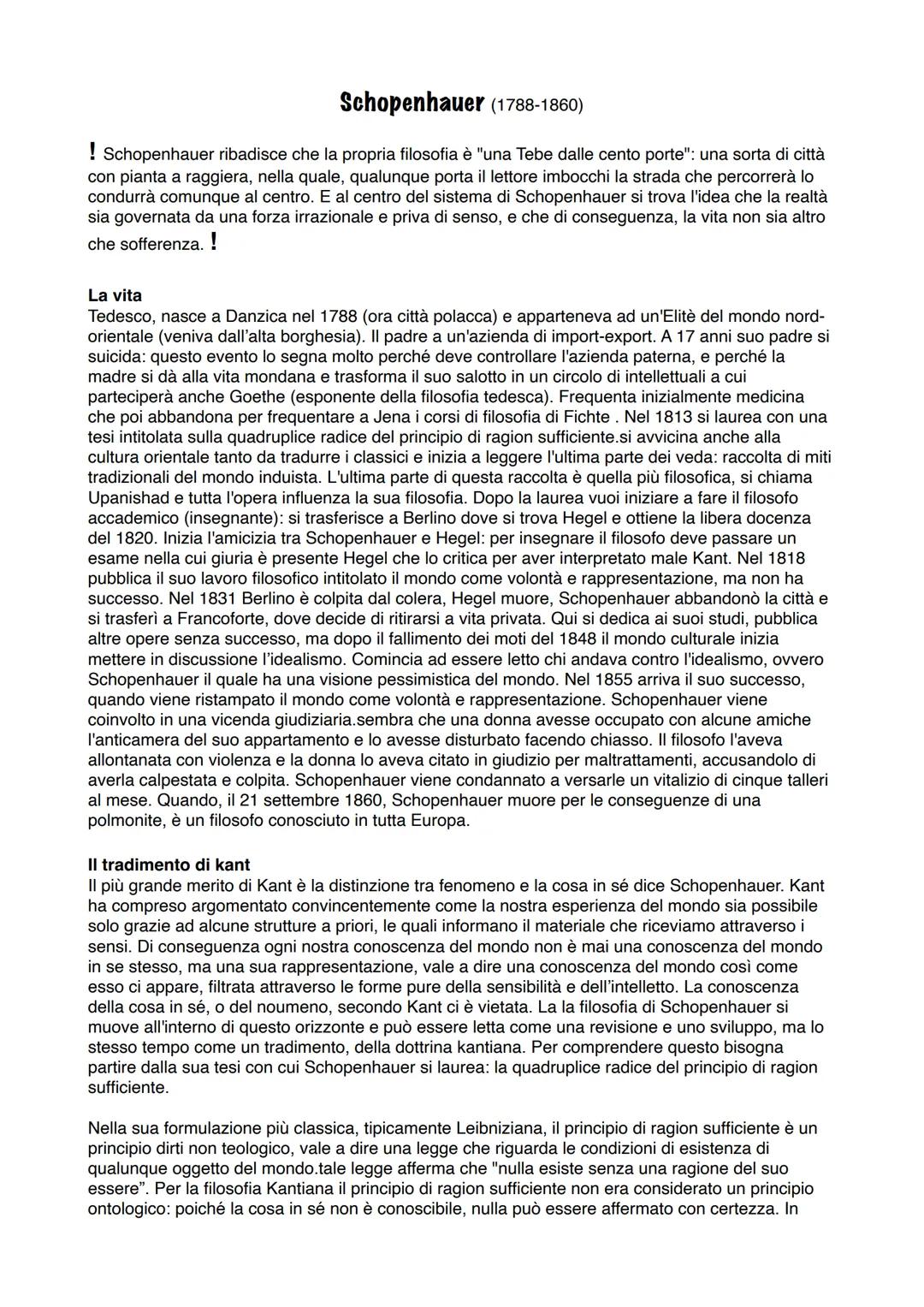 Schopenhauer (1788-1860)
! Schopenhauer ribadisce che la propria filosofia è "una Tebe dalle cento porte": una sorta di città
con pianta a r