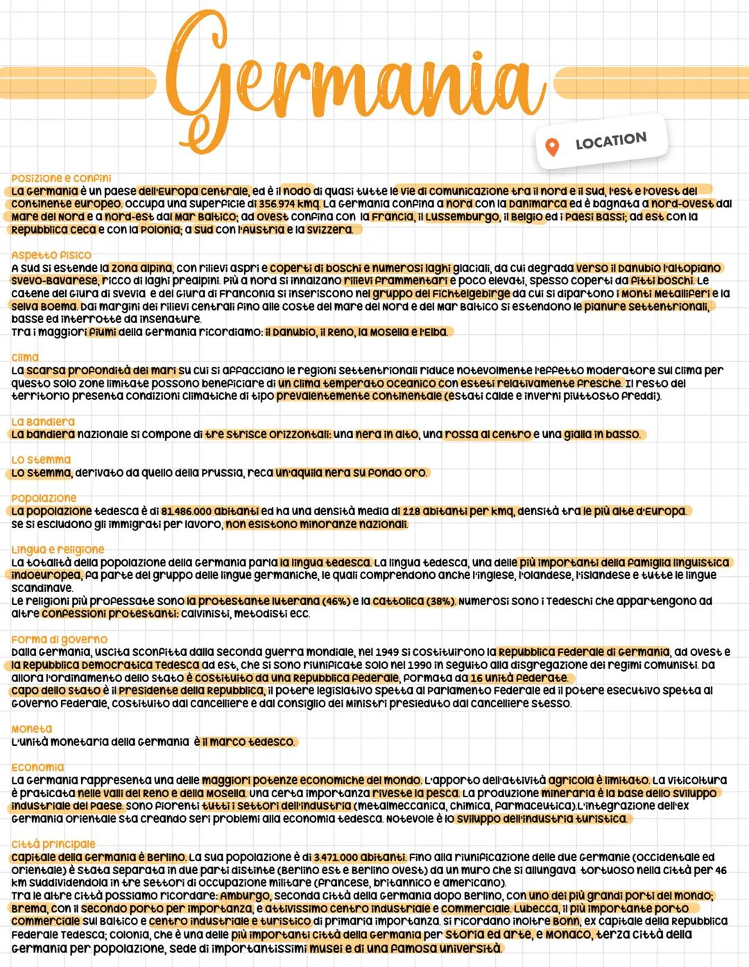 # Germania
LOCATION
Posizione e confini
La Germania è un paese dell'Europa centrale, ed è il nodo di quasi tutte le vie di comunicazione t