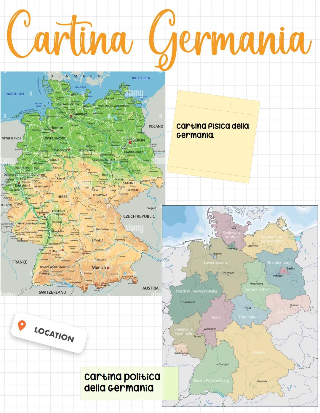 # Germania
LOCATION
Posizione e confini
La Germania è un paese dell'Europa centrale, ed è il nodo di quasi tutte le vie di comunicazione t