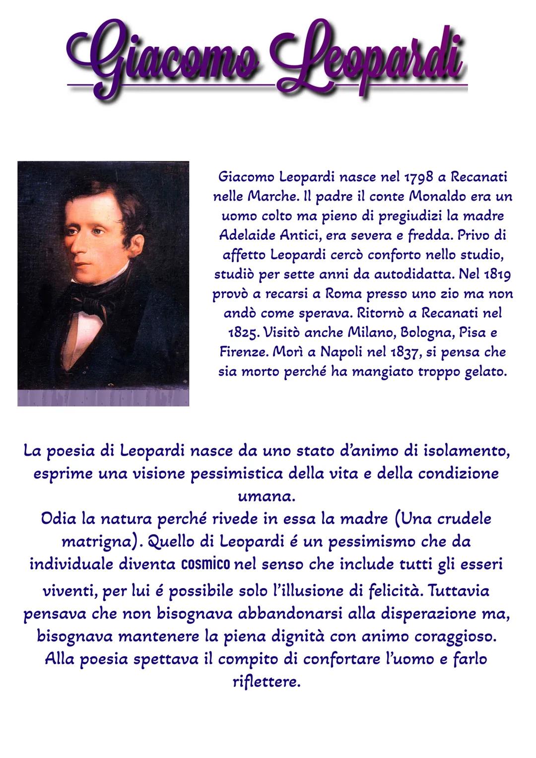 # Giacomo Leopardi
Giacomo Leopardi nasce nel 1798 a Recanati
nelle Marche. Il padre il conte Monaldo era un
uomo colto ma pieno di pregiud