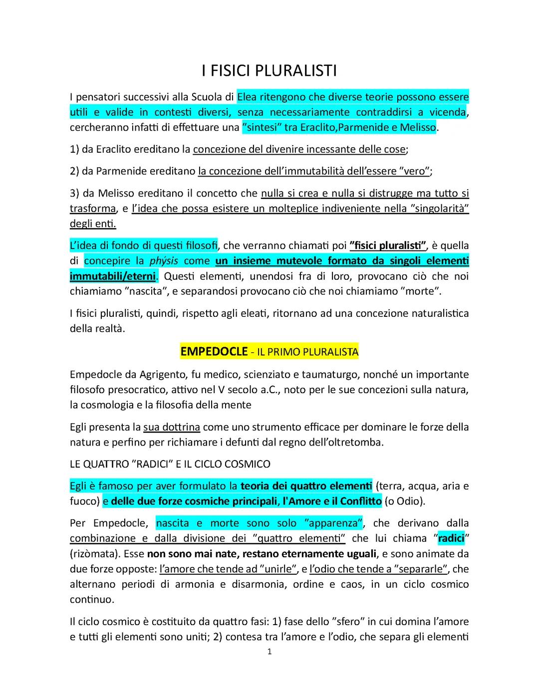 Fisici pluralisti - Empedocle, Anassagora, Democrito e l'atomismo