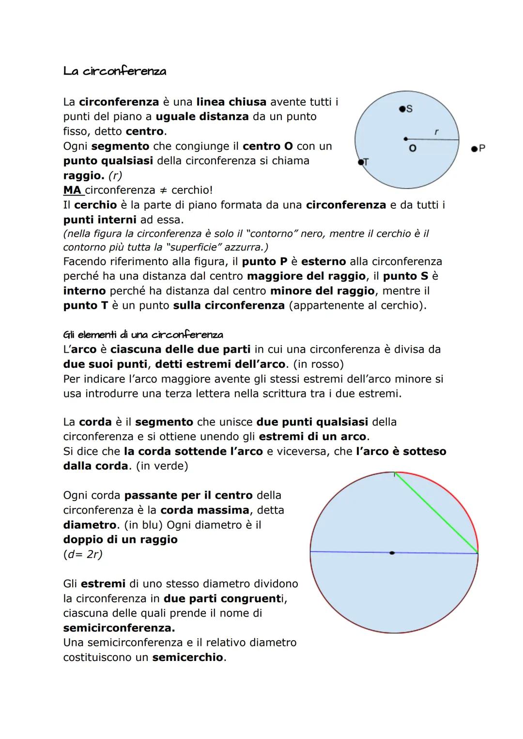 La circonferenza
La circonferenza è una linea chiusa avente tutti i
punti del piano a uguale distanza da un punto
fisso, detto centro.
Ogni