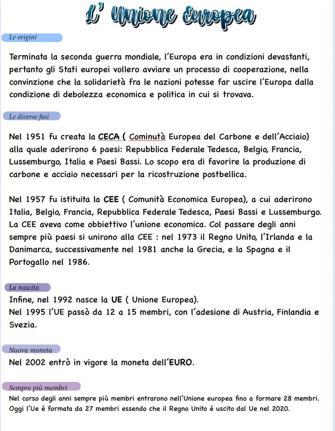 L''Unione Europea
Le origini
Terminata la seconda guerra mondiale, l'Europa era in condizioni devastanti,
pertanto gli Stati europei vollero