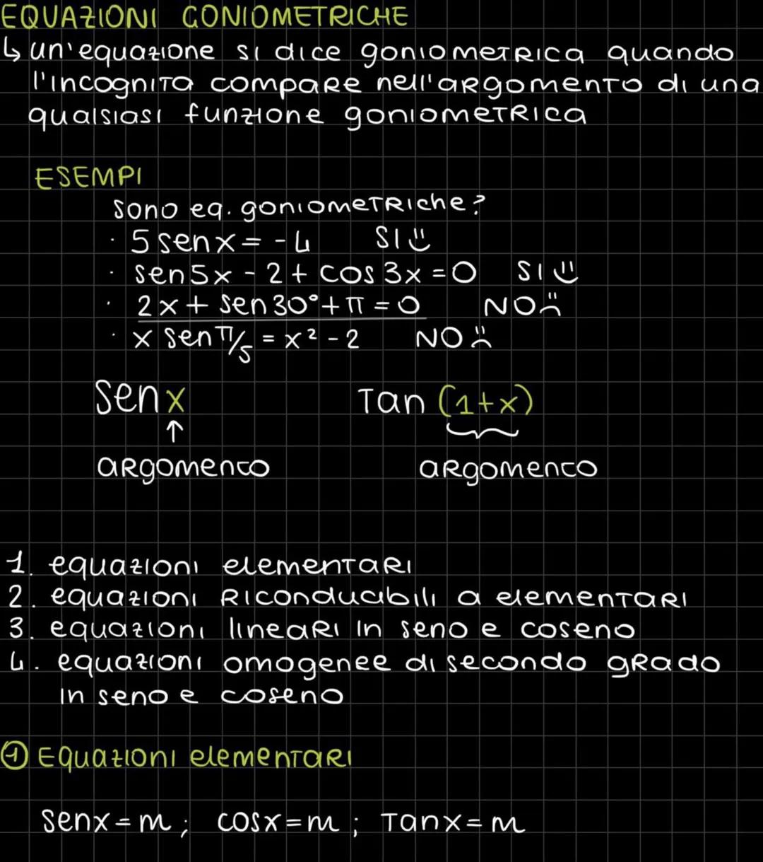 EQUAZIONI GONIOMETRICHE
quando
↳ un'equazione si dice goniometRica
l'incognita compare nell'argomento di una
qualsiasi funzione goniometrica