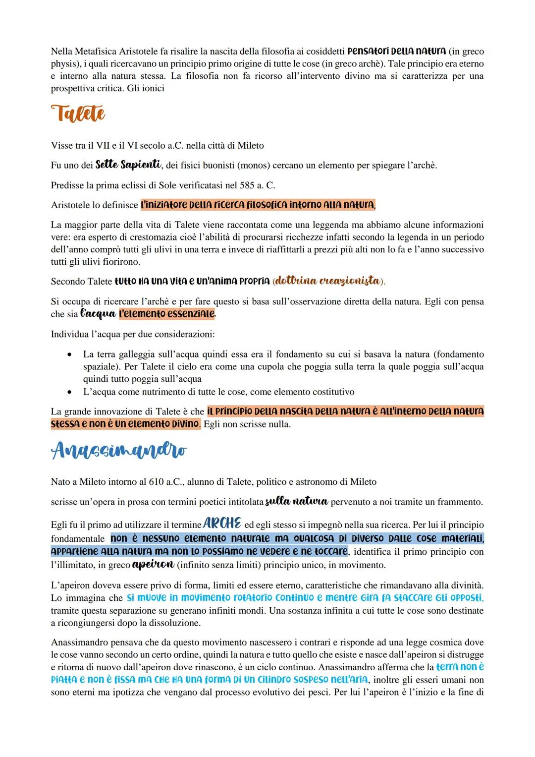 Nella Metafisica Aristotele fa risalire la nascita della filosofia ai cosiddetti Pensatori Della natura (in greco
physis), i quali ricercava