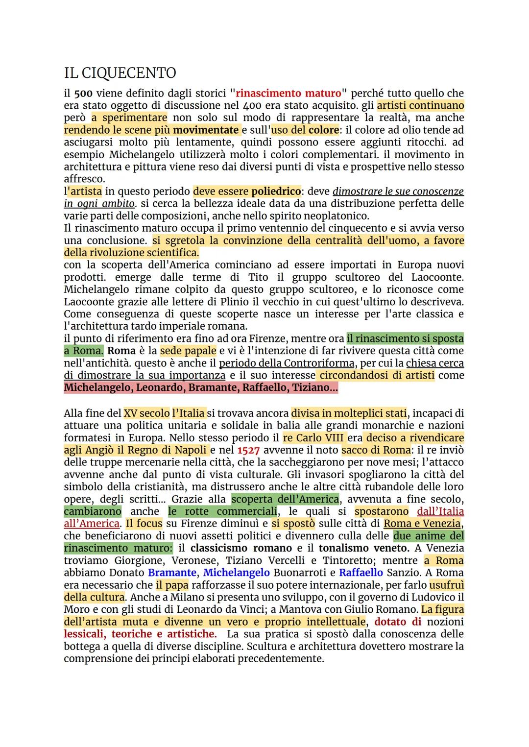 RINASCIMENTO MATURO
IL CINQUECENTO
Materia: Storia dell'arte
09/07/2023 IL CIQUECENTO
il 500 viene definito dagli storici "rinascimento matu