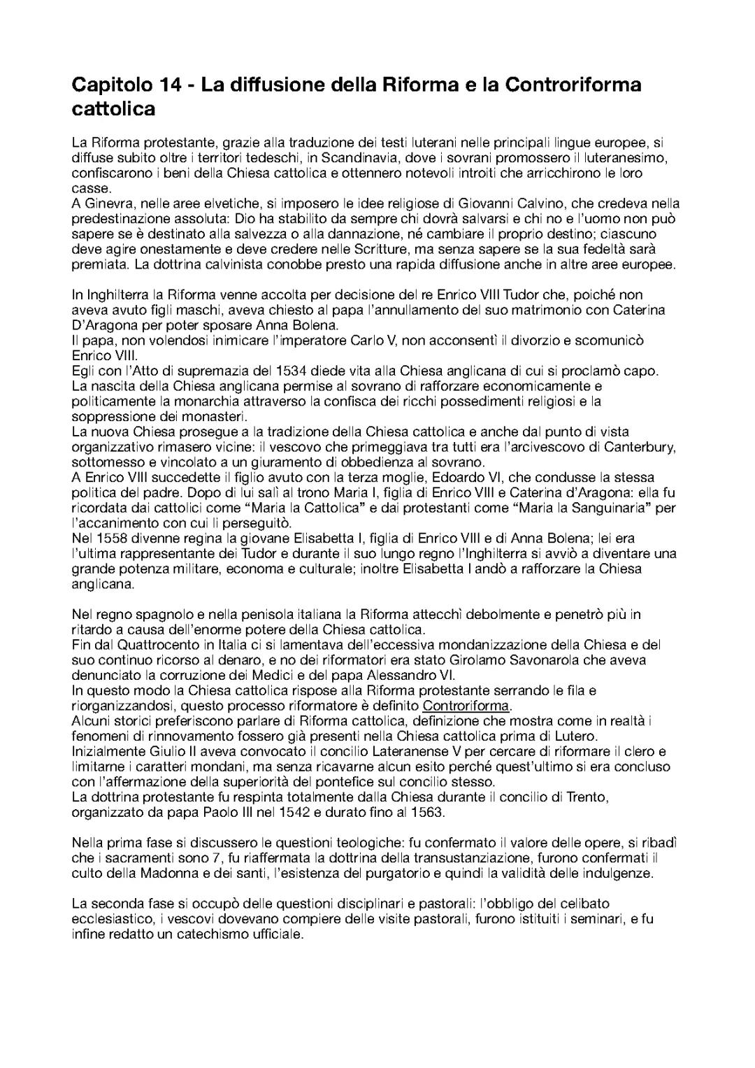 Capitolo 14 - La diffusione della Riforma e la Controriforma cattolica