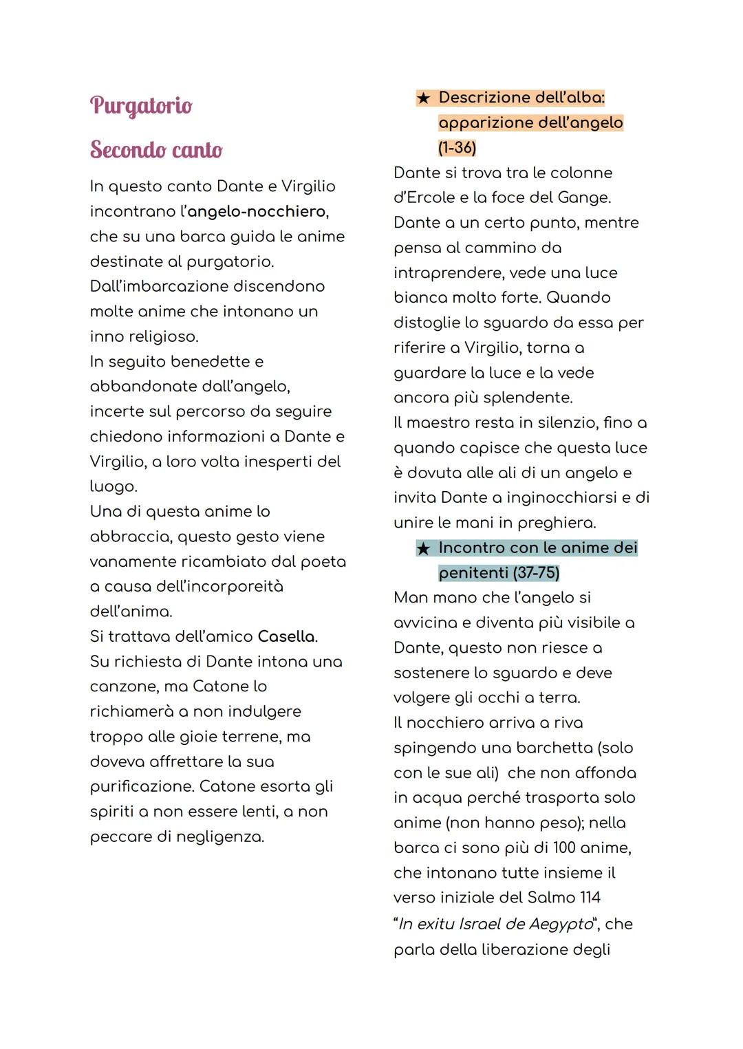 Purgatorio
Secondo canto
In questo canto Dante e Virgilio
incontrano l'angelo-nocchiero,
che su una barca guida le anime
destinate al purgat