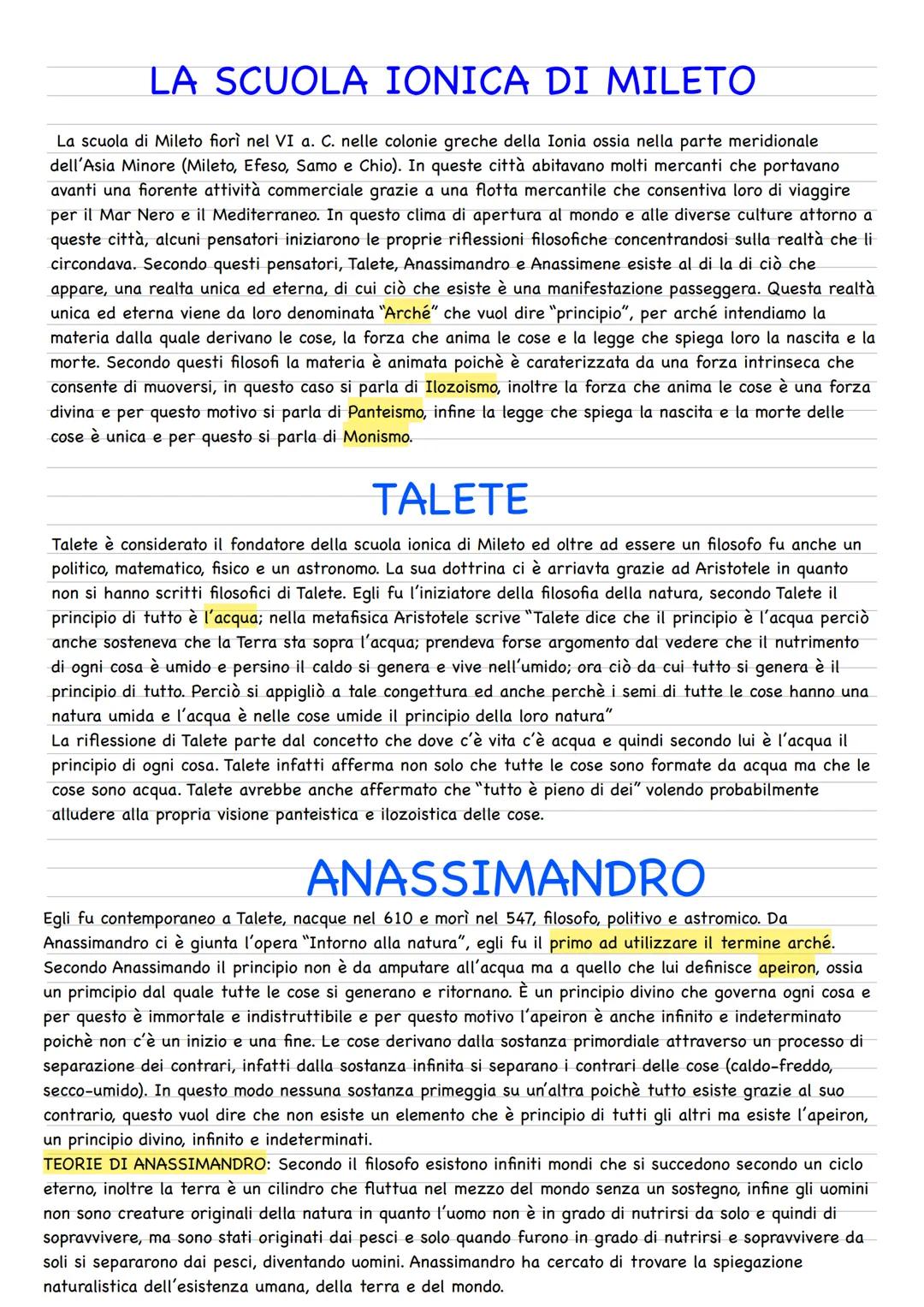 LA SCUOLA IONICA DI MILETO
La scuola di Mileto fiorì nel VI a. C. nelle colonie greche della Ionia ossia nella parte meridionale
dell'Asia M