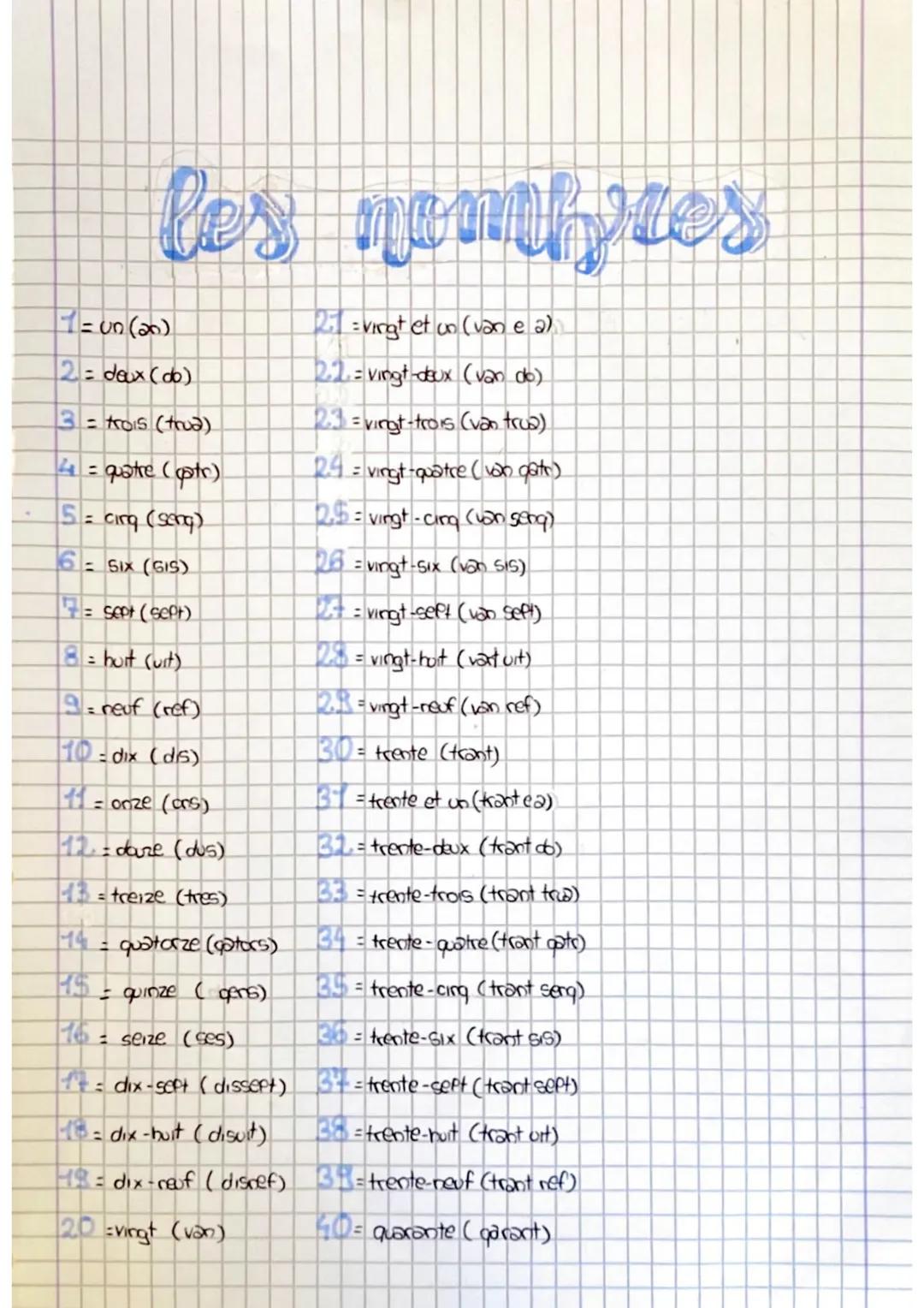 # les nombres
1=05 (28)
2 = deux (do)
3 = trois (trua)
= quatre (ptr)
5 = cing (seng)
6 Six (GIS)
sept (sept)
8 = hurt (ust)
neuf (