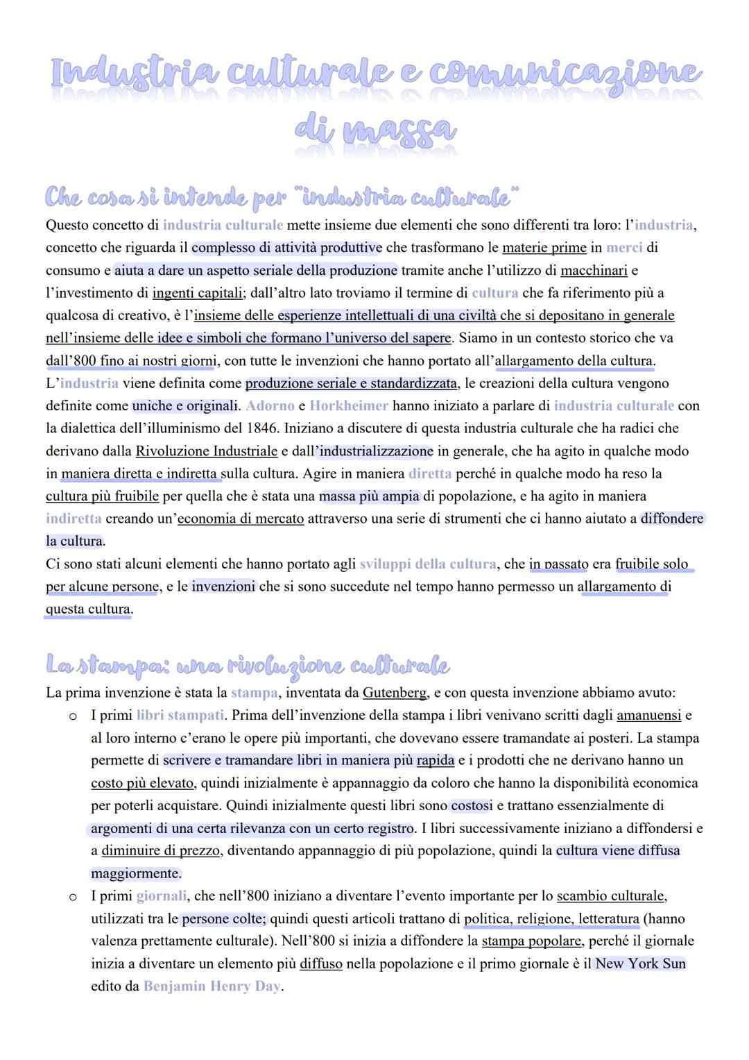Industria culturale e comunicazione
di massa
Che cosa si intende per "industria culturale”
Questo concetto di industria culturale mette insi