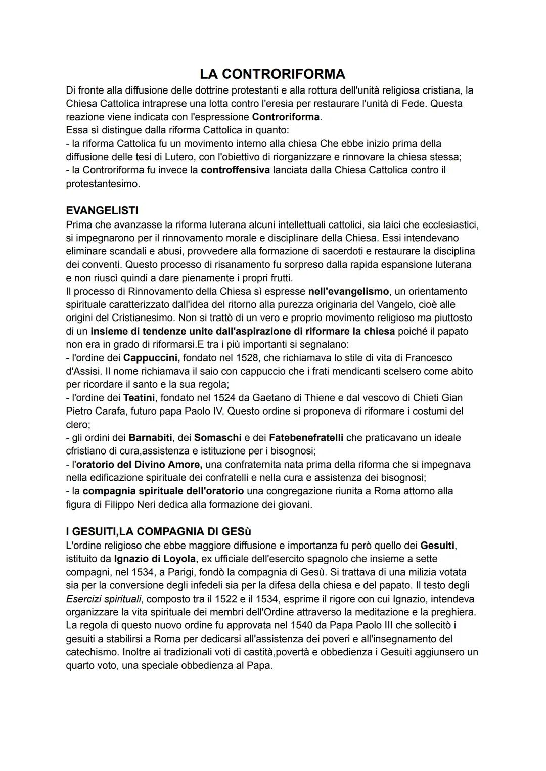 LA CONTRORIFORMA
Di fronte alla diffusione delle dottrine protestanti e alla rottura dell'unità religiosa cristiana, la
Chiesa Cattolica int