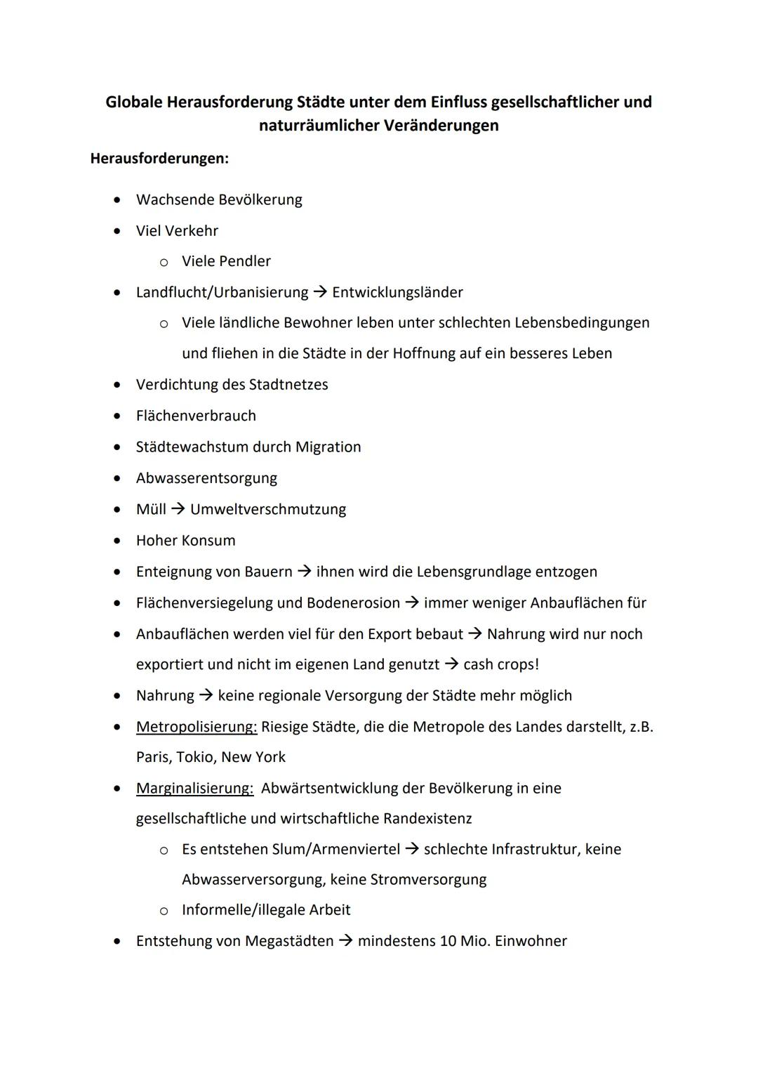 Globale Herausforderung Städte unter dem Einfluss gesellschaftlicher und
naturräumlicher Veränderungen
Herausforderungen:
- Wachsende Bevö
