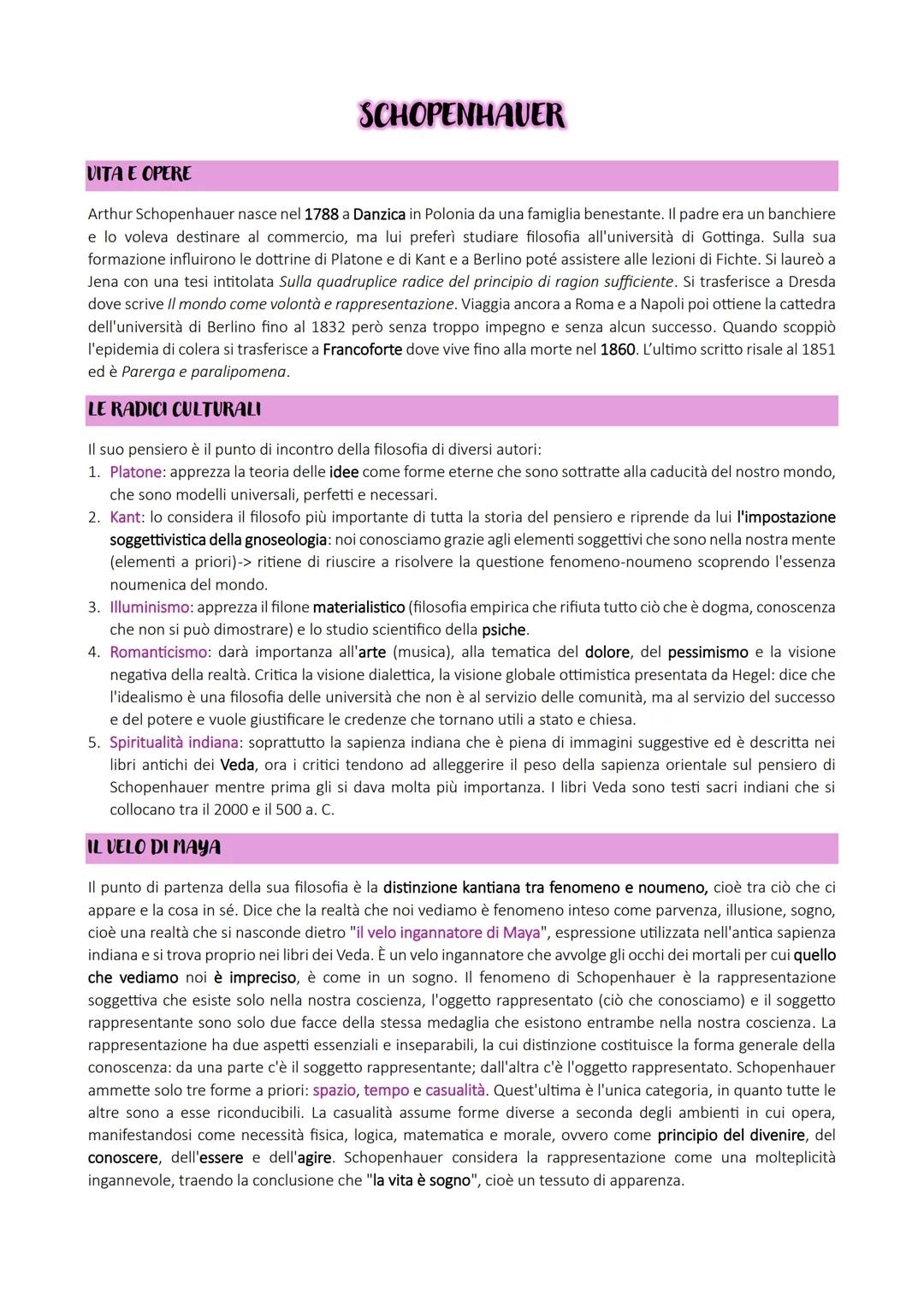 SCHOPENHAUER
VITA E OPERE
Arthur Schopenhauer nasce nel 1788 a Danzica in Polonia da una famiglia benestante. Il padre era un banchiere
e lo