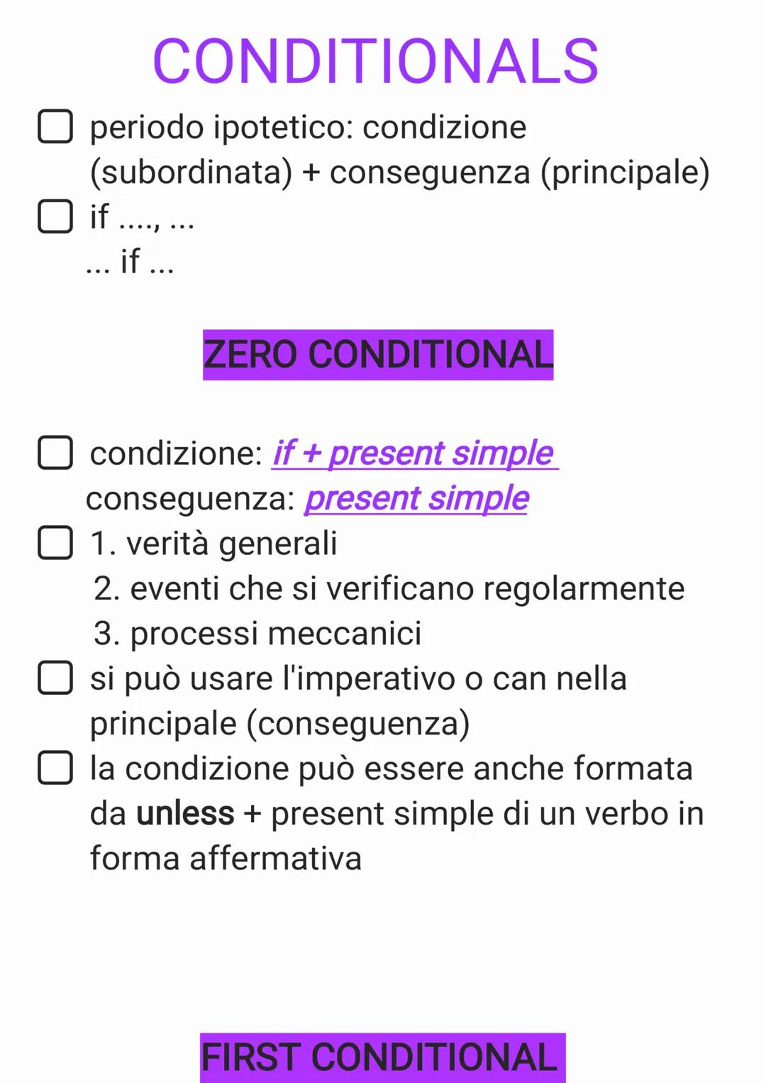 CONDITIONALS
periodo ipotetico: condizione
(subordinata) + conseguenza (principale)
if
...
.......
if ...
ZERO CONDITIONAL
condizione: if +