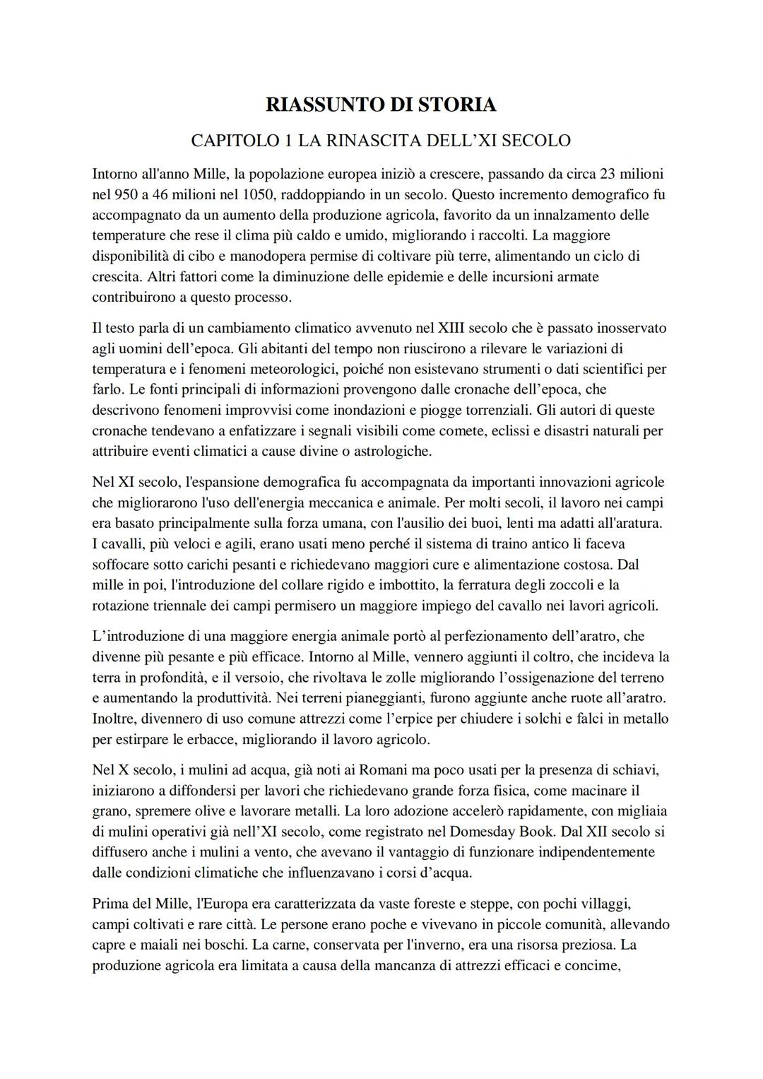 RIASSUNTO DI STORIA
CAPITOLO 1 LA RINASCITA DELL'XI SECOLO
Intorno all'anno Mille, la popolazione europea iniziò a crescere, passando da cir
