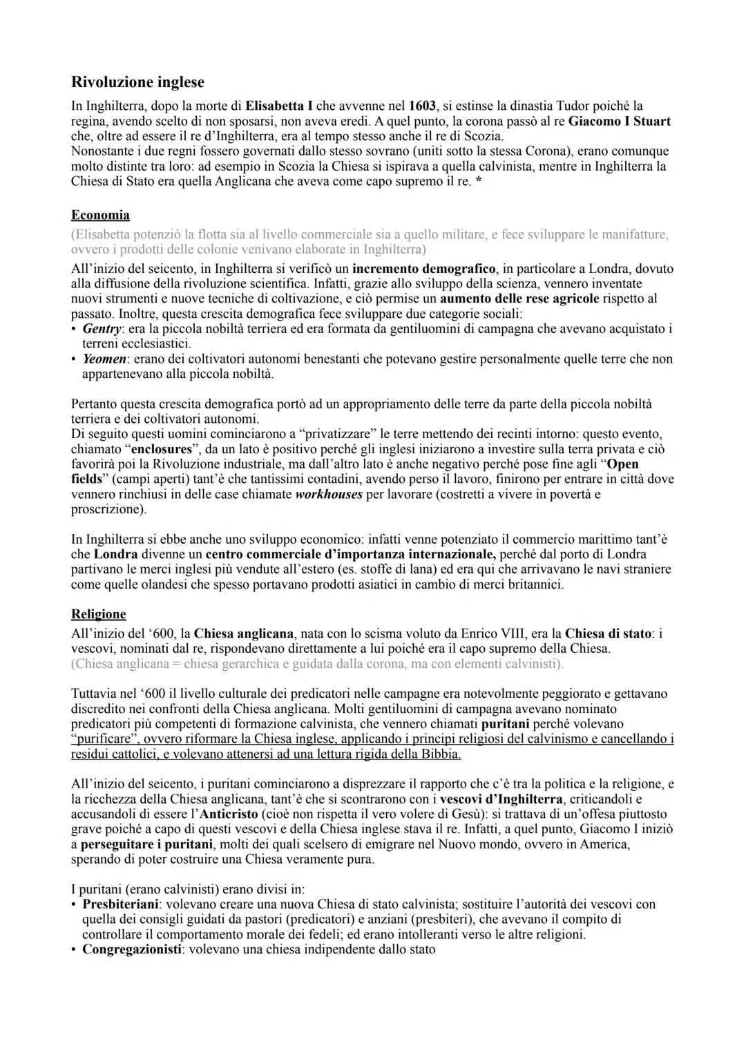 Rivoluzione inglese
In Inghilterra, dopo la morte di Elisabetta I che avvenne nel 1603, si estinse la dinastia Tudor poiché la
regina, avend
