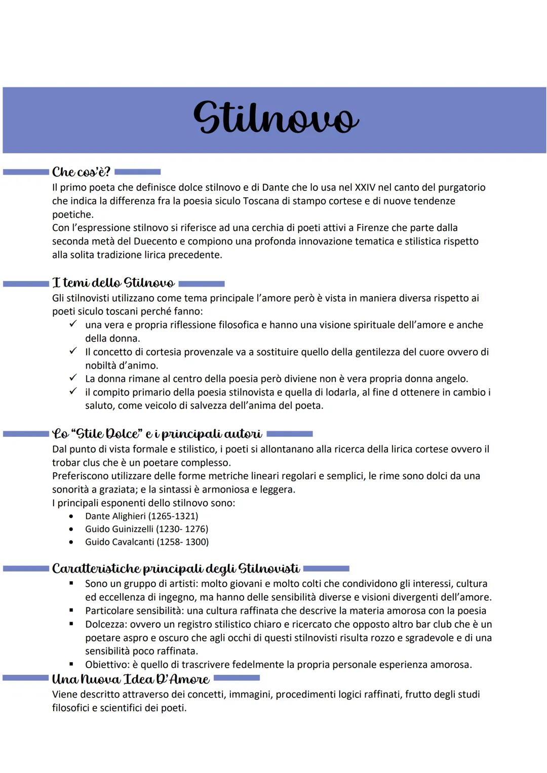 # Stilnovo
Che cos'è?
Il primo poeta che definisce dolce stilnovo e di Dante che lo usa nel XXIV nel canto del purgatorio
che indica la di
