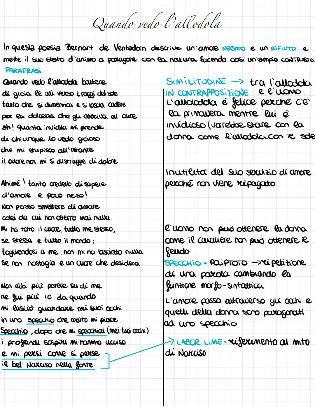 LETTERATURA
ITALIANA Quando vedo l'allodola
In questa poesia Bernart de Ventadorn descrive un'amore NEGATO e un RIFIUTO
mette il suo stato d