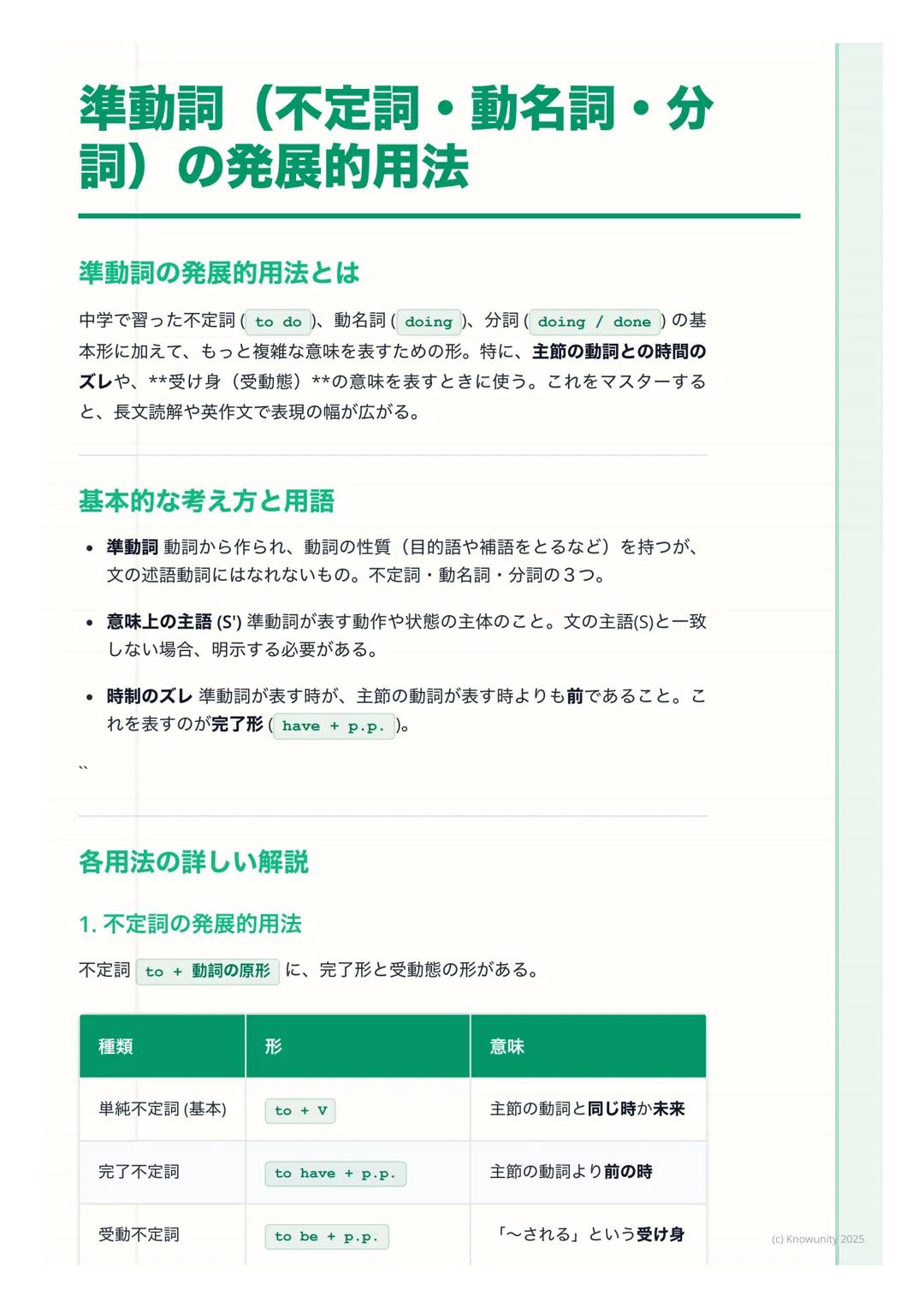 # 準動詞(不定詞・動名詞・分
詞)の発展的用法
準動詞の発展的用法とは
中学で習った不定詞(to do)、動名詞(doing)、分詞(doing / done)の基
本形に加えて、もっと複雑な意味を表すための形。特に、主節の動詞との時間の
ズレや、**受け身 (受動態) *