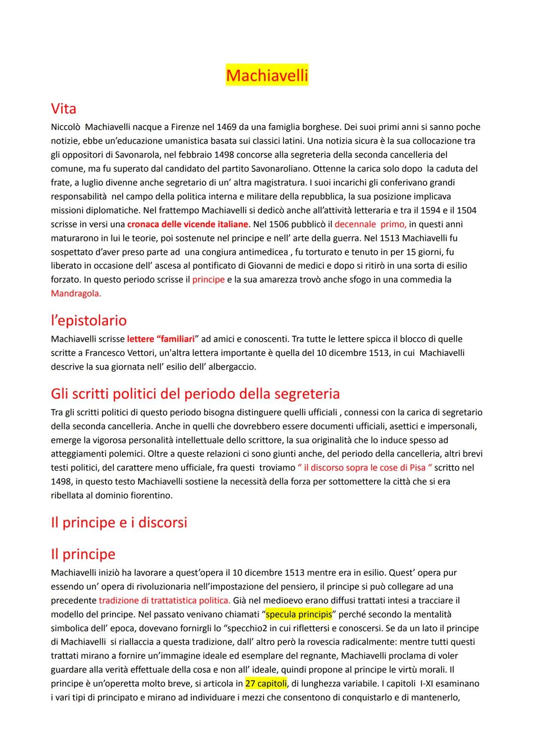 Machiavelli
Vita
Niccolò Machiavelli nacque a Firenze nel 1469 da una famiglia borghese. Dei suoi primi anni si sanno poche
notizie, ebbe un